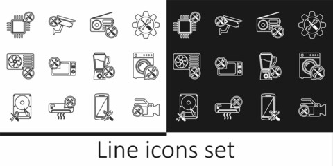 Set line Video camera service, Washer, Radio, Microwave oven, Air conditioner, Processor, Blender and Security icon. Vector