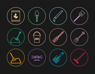 Set line Garden rake, shovel, saw, Bucket, Shovel in the ground, Fertilizer bag, Gardening handmade scissor and trowel spade icon. Vector