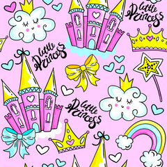 Cute Seamless Pattern for Princess girl with hearts, crown and other elements for girl on pink Background