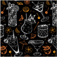 Sketch hand drawn pattern of cocktail with lemon, pineapple, mint and lime isolated on black background. Chalk drawing alcohol drink wallpaper. Martini, Tequila Sunrise, Margarita. Vector illustration - 502851182