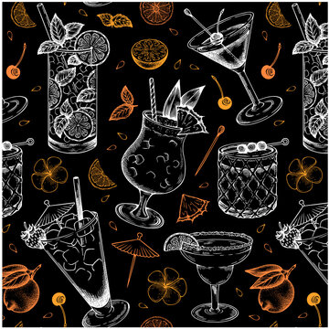 Sketch hand drawn pattern of cocktail with lemon, pineapple, mint and lime isolated on black background. Chalk drawing alcohol drink wallpaper. Martini, Tequila Sunrise, Margarita. Vector illustration