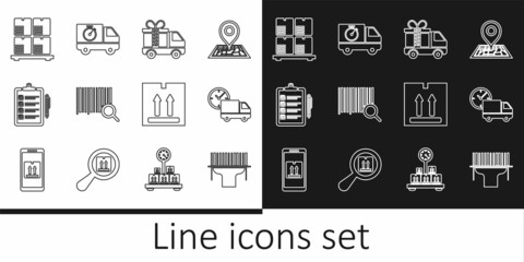 Set line Scanner scanning bar code, Delivery truck and clock, with gift, Search barcode, Verification of delivery list, Cardboard boxes pallet, traffic and stopwatch icon. Vector