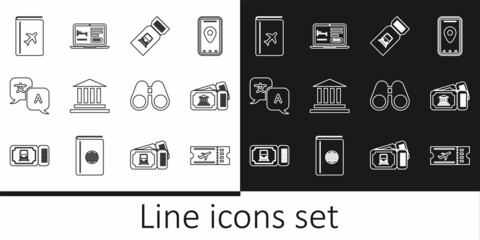 Set line Airline ticket, Museum, Train, building, Translator, Cover book travel guide, Binoculars and Online hotel booking icon. Vector