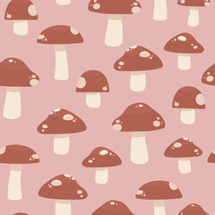 Cute mushroom seamless vector pattern. Childish, simple, minimal cartoon style illustration in soft pink and red muted colors. Nature print for girls. Repeat background wallpaper texture for kids. 