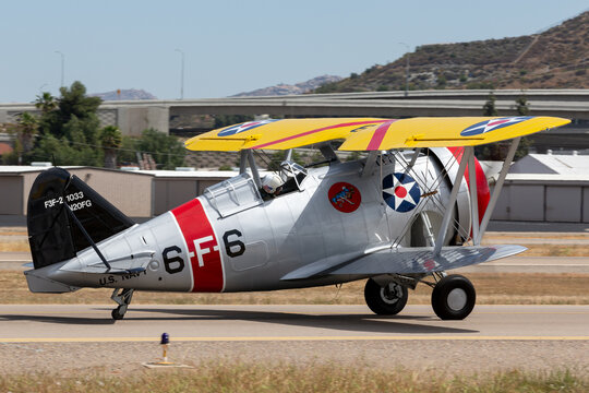 El Cajon, California, USA -  May 3, 2013: Vintage 1938 Grumman F3F American biplane fighter aircraft that served with the United States Navy at Gillespie Field.
