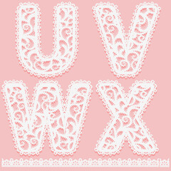 Letters U, V, W, X are made of white lace guipure isolated on pink background Lacy font and pattern brush border for label. Set pretty lace symbols for design gift card or elegant invitation