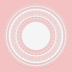 Round Lace Napkin. White openwork frame on pink background. Doily cute design element. - obrazy, fototapety, plakaty