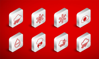 Set line Cloud with rain, Snowflake, snow, and lightning, and Water drop icon. Vector