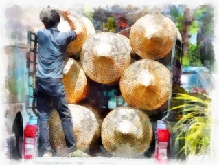 bamboo basketry on the car watercolor style illustration impressionist painting. - obrazy, fototapety, plakaty