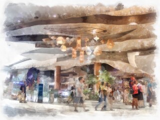 shopping mall landscape watercolor style illustration impressionist painting.