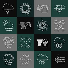 Set line Wind and rain, Cloud with snow lightning, Storm, Tornado swirl, snow, moon, and icon. Vector