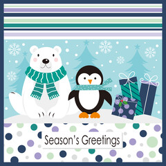 christmas card with polar bear and penguin