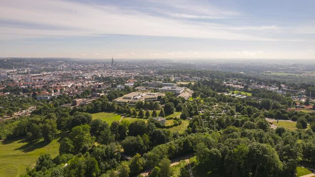 Fort Oberer Kuhberg, schools, Ulm minster and city on sunny morning time lapse