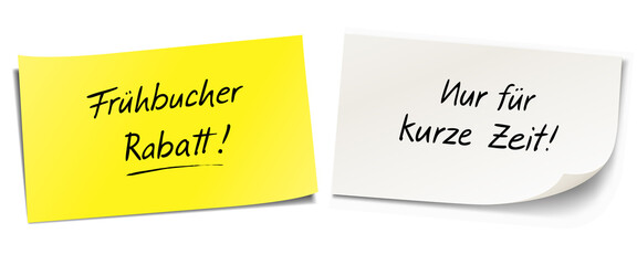 Haftnotiz Set mit Handschrift: Frühbucher Rabatt!- Nur für kurze Zeit!