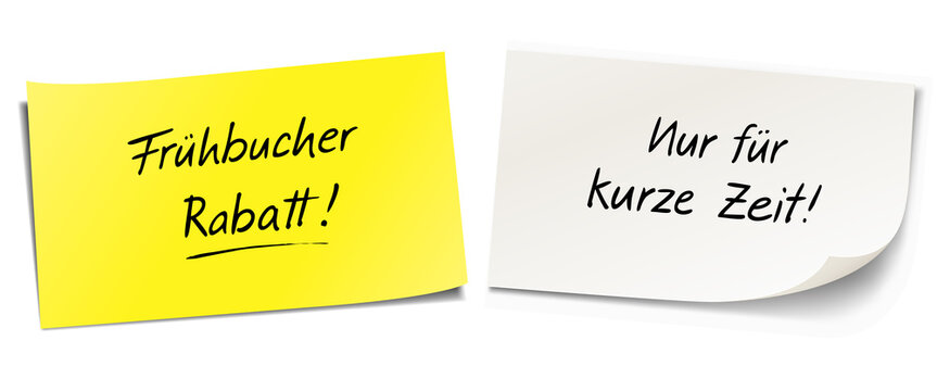 Haftnotiz Set mit Handschrift: Fr&uuml;hbucher Rabatt!- Nur f&uuml;r kurze Zeit!