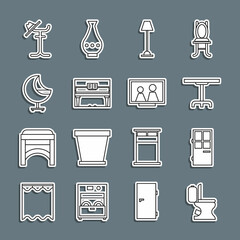 Set line Toilet bowl, Closed door, Round table, Floor lamp, Grand piano, Armchair, Coat stand and Picture frame on icon. Vector