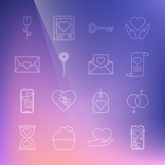 Set line Mobile with heart, Gender, Envelope Valentine, Key shape, Lollipop, Flower rose and icon. Vector