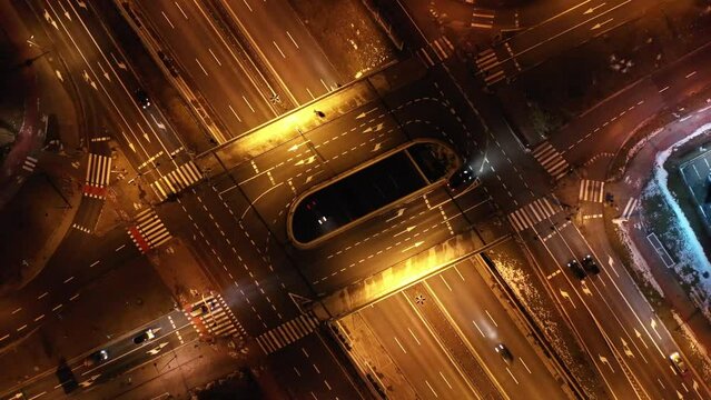 Aerial view of the road intersection on the DTŚ Highway in Katowice, in the night. Silesia, Poland.