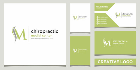 initial M chiropractic logo design template with business card design Premium Vector	 - obrazy, fototapety, plakaty