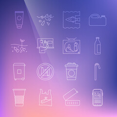 Set line Stop plastic pollution, Drinking straw, Lotion cosmetic tube, ocean, Problem of planet, Cream and icon. Vector
