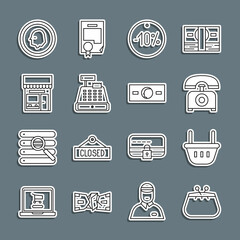 Set line Wallet, Shopping basket, Telephone, Ten discount percent tag, Cash register machine, building or market store, Coin money and Paper cash icon. Vector