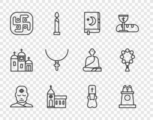 Set line Man with third eye, Stage stand or tribune, Holy book of Koran, Church building, Jainism, Christian cross on chain, Priest and Rosary beads religion icon. Vector