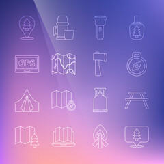 Set line Location of the forest, Picnic table with benches, Compass, Flashlight, map, Gps device, and Wooden axe icon. Vector