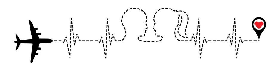 Airplane with line, electrocardiogram and red heart. Travel healthcare, medical concept outline vector to use in turism, healthy heart, medicine and ekg concept illustration projects. 