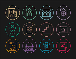 Set line House plan, Online real estate house, Market store, Location key, Staircase and under protection icon. Vector
