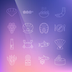 Set line Tin can with caviar, Scallop sea shell, Served fish on plate, Fish soup, Shell pearl, Caviar, and steak icon. Vector