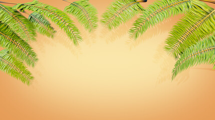 Palm leaves, 3d render. Palm tree branch on a yellow background, copy space. Tropical background, border