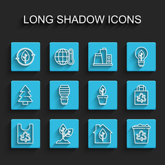 Set line Plastic bag with recycle, Plant, Recycle and leaf, Eco friendly house, bin, LED light bulb, Paper and pot icon. Vector