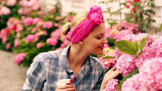 Girl watering hydrangea. Portrait of happy blond woman with blooming plant in backyard or garden. Female gardener planting plants in pots. Home gardening.