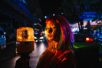 fashion portrait young girl at night Bangkok cyberpunk 2077