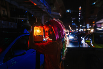 fashion portrait young girl at night Bangkok cyberpunk 2077
