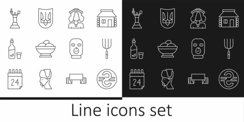 Set line Ukrainian hryvnia, Garden pitchfork, woman, Varenyky bowl, Vodka with pepper and glass, Mother Motherland monument, Thief mask and trident icon. Vector