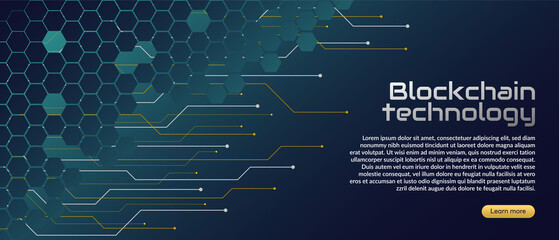 Blockchain technology concept, cryptocurrency. Working with tokens on the Internet, security. Futuristic background with elements in techno style microchips. Design banner template for web. Copyspace.