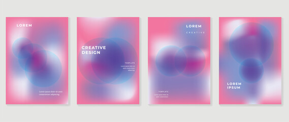 Abstract gradient fluid liquid cover template. Set of modern poster with vibrant graphic color, hologram, circle bubbles, star elements. Minimal style design for brochure, flyer, wallpaper, banner.