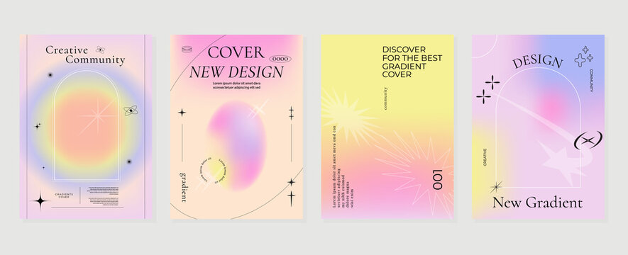 Abstract Gradient Fluid Liquid Cover Template. Set Of Modern Poster With Vibrant Graphic Color, Hologram, Circle Bubbles, Star Elements. Minimal Style Design For Brochure, Flyer, Wallpaper, Banner.