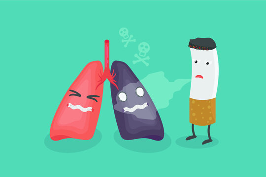 Vector cartoon cigarette spay smoke damaged to lung organ so toxin in tobacco cause one side is die with skull symbol. 31th may world tobacco day concept and article illustrations for web blog and boo