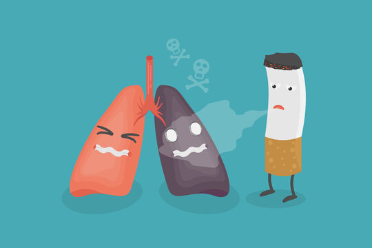 Vector cartoon cigarette spay smoke damaged to lung organ so toxin in tobacco cause one side is die with skull symbol. 31th may world tobacco day concept 
