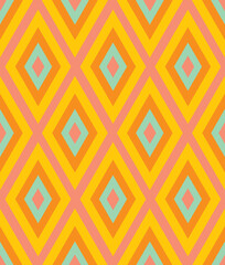 Vibrant, colorful, geometric diamond seamless vector pattern. Bright multicolor print with pink, orange yellow and aqua shapes. Tribal inspired design. Modern, contemporary, fun, geo surface texture. 