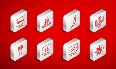 Set line Sun, Mexican sombrero, Hot chili pepper pod, Cactus, Mustache, Hola, and Maracas icon. Vector © vector_v