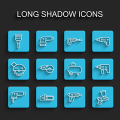 Set line Electric jigsaw, Chainsaw, Construction jackhammer, cordless screwdriver, Paint spray gun, Angle grinder, drill machine and Air compressor icon. Vector