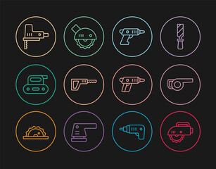 Set line Electric circular saw, Leaf garden blower, cordless screwdriver, Reciprocating, planer tool, jigsaw, and icon. Vector