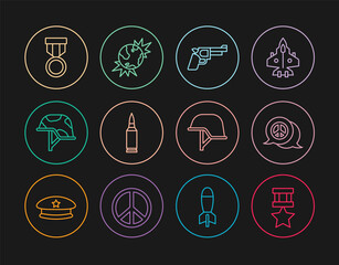 Set line Military reward medal, Peace, Pistol or gun, Bullet, helmet, and Bomb explosive planet earth icon. Vector