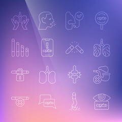 Set line Hypnosis, Smoking pipe with smoke, Disease lungs, Healthy breathing, No smoking, cigarette, Lungs and Broken icon. Vector