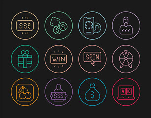 Obraz premium Set line Online poker table game, Lucky wheel, Casino win, Gift box, Money prize casino, Slot machine spin button and Game dice icon. Vector