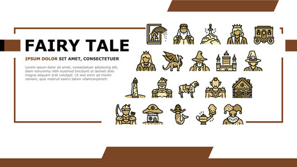 Fairy Tale Magical Story Book Landing Web Page Header Banner Template Vector. Fairy Tale Witch And Goblin, Kingdom Castle Building Gingerbread House, Magic Dragon Horse, Djinn Lamp Sword Illustration