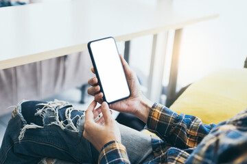 cell phone blank white screen mockup.hand holding texting using mobile on desk at office.background empty space for advertise.work people contact marketing business,technology
